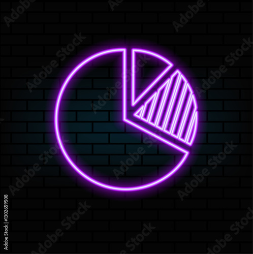 3d rendering wireframe digital techno neon glowing symbol of pie chart with slice with shining dots on black background with blured reflection on floor.4
