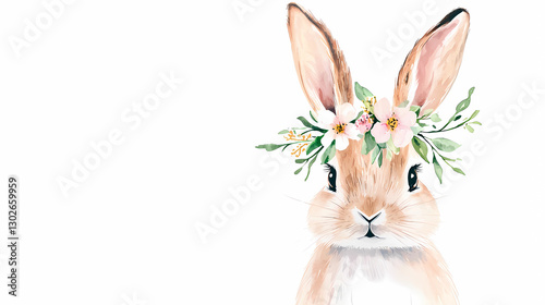 cute bunny rabbit festive watercolor painted with wreath of flowers for easter on white background