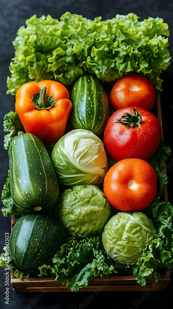 Assorted Fresh Vegetables In Wooden Crate Assorted Fresh Vegetables In Wooden Crate