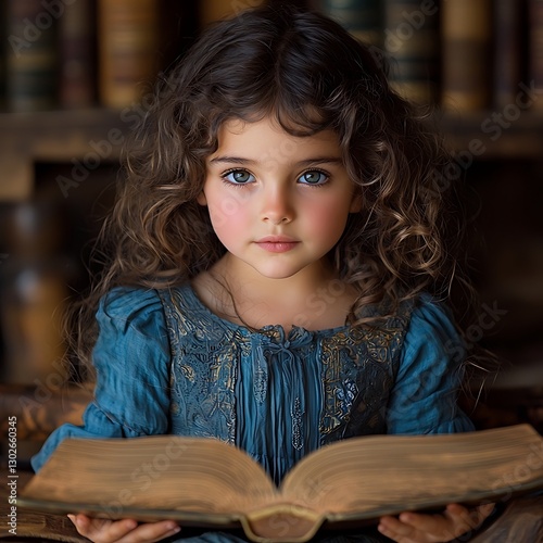 Child Reads Book in Library