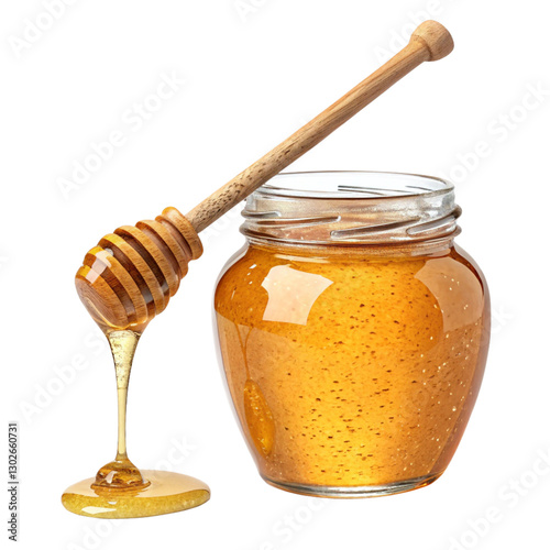 Jar of sweet honey with wooden dipper
