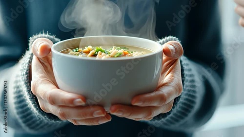 A person holding a steaming bowl of soup indoors, with soft morning light illuminating the scene