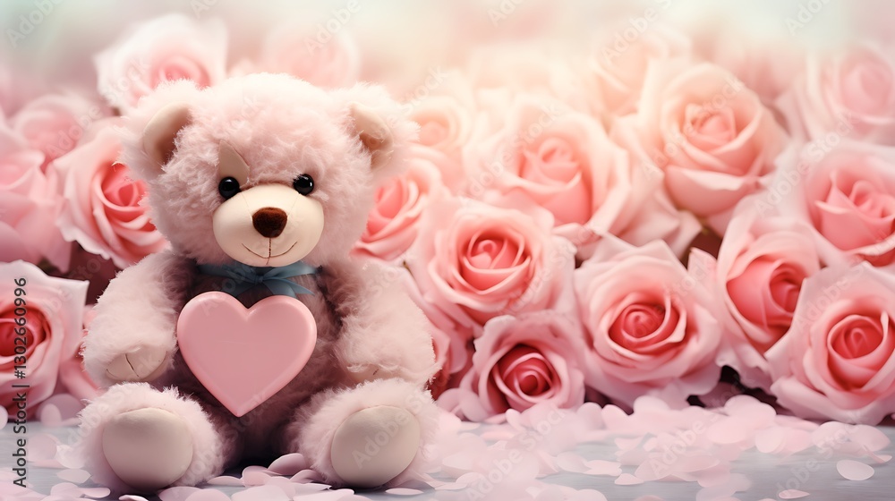Obraz premium Cute fluffy teddy bear with a pink heart and romantic roses on a soft Valentinea??s background