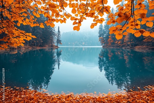 Autumn lake framed by orange leaves photo