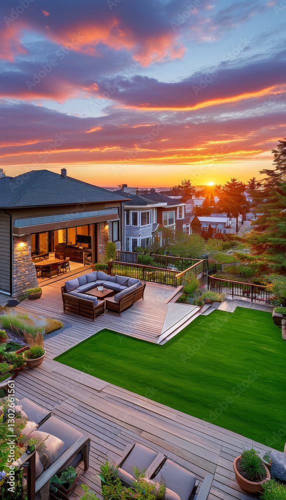 Fototapeta premium Urban neighbourhood at sunset, urban house, wide shots of home gardens, lawns, yards, decks and spaces for outdoor entertaining