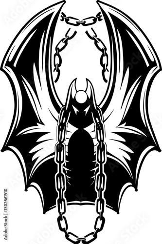 SVG vector features skeletal demons and monsters. Dark Winged Creature with Chains in Black and White Design