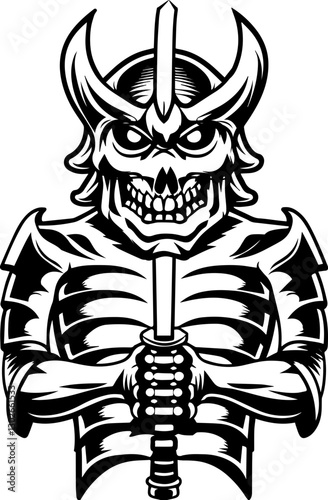 SVG vector features skeletal demons and monsters. Fearsome Samurai Skeleton Warrior Holding a Sword in Black Ink Style