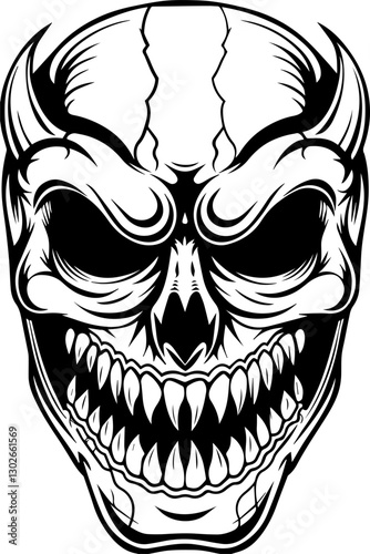 SVG vector features skeletal demons and monsters. Intricate Black and White Skull Design with Horns and Sharp Teeth