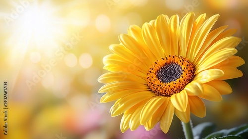 Vibrant yellow gerbera daisy in sunlight.