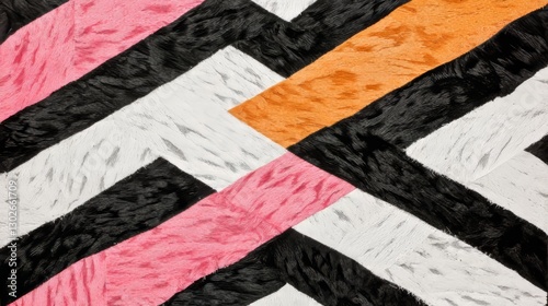 Colorful Faux Fur Zigzag Pattern with Pink, Orange, Black, and White Stripes