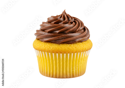 Delicious yellow cupcake topped with creamy chocolate frosting on a clean transparent background for dessert lovers and food enthusiasts