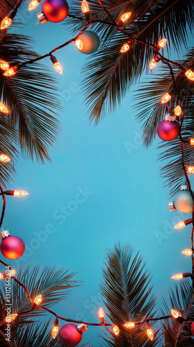 Christmas in July, Santa on the beach. Festive Christmas ornaments and lights on palm branches against a blue sky.