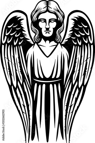 SVG vector features winged demons and fallen angels. Elegant Angel with Detailed Wings and Serene Expression in Art