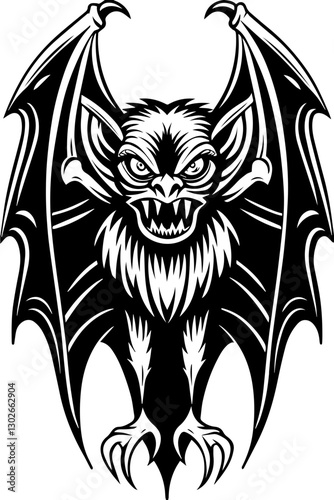 SVG vector features winged demons and fallen angels. Fierce Black Bat Creature with Sharp Claws and Intimidating Expression
