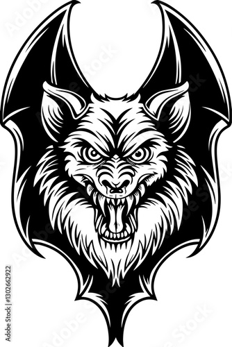 SVG vector features winged demons and fallen angels. Black and White Illustration of a Fierce Bat with Wolf Features