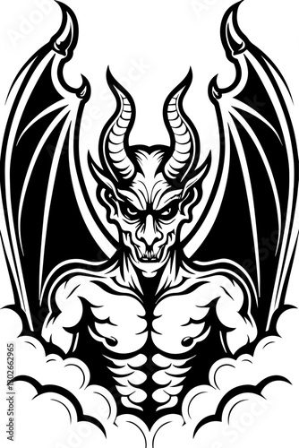 SVG vector features winged demons and fallen angels. Fierce Demon Illustration with Wings and Muscular Physique