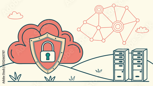 Cloud Security Illustration: Data Protection with Shield & Padlock, Network, Servers, Flat Design for Cybersecurity Concepts