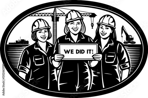 Women Construction Workers Celebrating Success: "We Did It!" Black and White Vector Illustration of Teamwork in Construction Industry