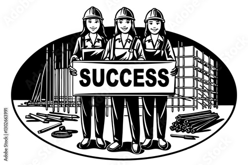 Construction Workers Holding "Success" Sign: Teamwork, Building, Achievement, Vector Illustration, Black and White Graphic
