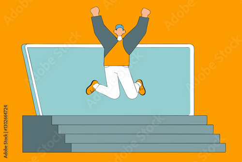 Wallpaper Mural Celebrating Success: Man Jumps for Joy in Front of Laptop on Steps - Vector Illustration of Achievement and Victory Torontodigital.ca