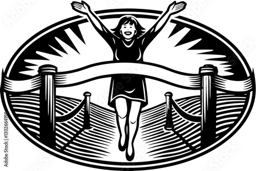 Wallpaper Mural Woman Runner Breaking Finish Line Tape, Vector Illustration of Victory, Marathon Winner, Black and White Graphic, Achievement Concept Torontodigital.ca