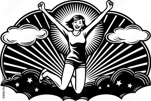 Wallpaper Mural Woman Jumping for Joy Illustration: Retro Style Black and White Graphic of a Happy Person Celebrating Success in the Sky Torontodigital.ca