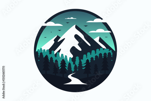 Wallpaper Mural Mountain Landscape Illustration: Vector Art of Snowy Peaks, Forest, and Winding Path in a Circular Design for Nature & Outdoor Themes Torontodigital.ca