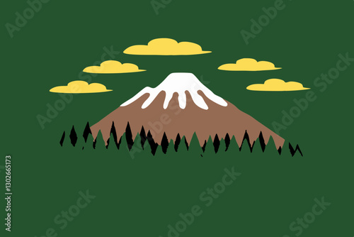 Wallpaper Mural Cartoon Mountain Landscape: Green Background, Brown Mountain with Snow, Yellow Clouds, and Black Trees Illustration Torontodigital.ca
