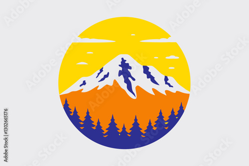 Wallpaper Mural Mountain Landscape Logo Design: Vector Illustration of Snowy Peaks, Forest, and Yellow Sky in a Circular Badge Style Torontodigital.ca