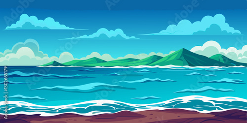 Wallpaper Mural Cartoon Beach Landscape: Tropical Island, Blue Ocean, White Waves, Green Hills, Sunny Sky, and Fluffy Clouds Illustration Torontodigital.ca