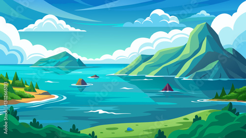 Wallpaper Mural Cartoon Landscape: Serene Ocean View with Lush Islands, Turquoise Water, and Blue Sky - Vector Illustration Torontodigital.ca