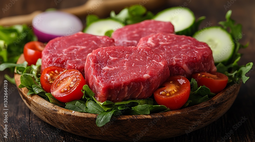 Raw beef fillets arranged in a wooden bowl, garnished with fresh vegetables, on dark wood Raw beef fillets arranged in a wooden bowl, garnished with fresh vegetables, on dark wood