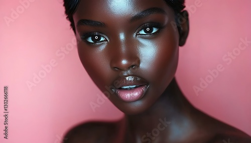 Dark-Skinned Woman, Pink Background, Close-Up