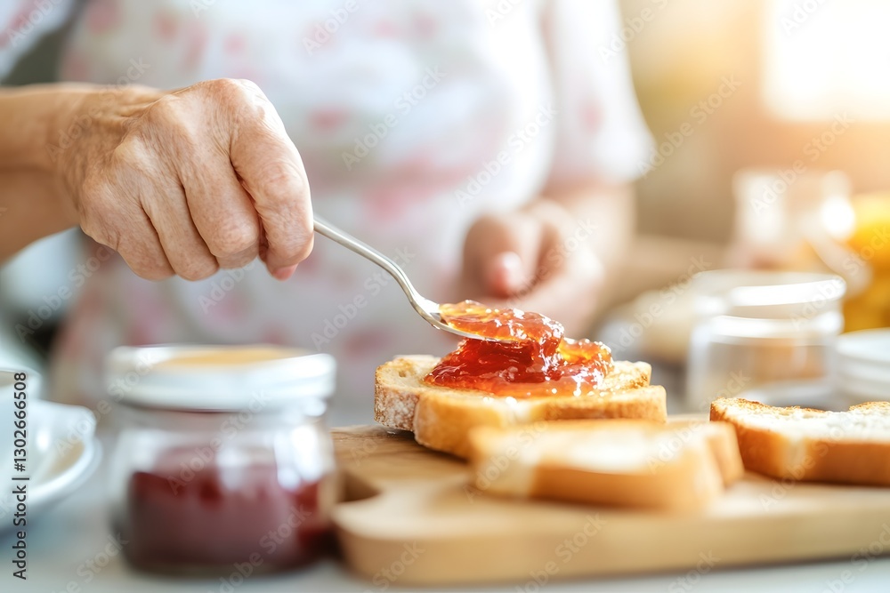 Senior Woman Spreading Jam on Toast in Cozy Breakfast Nook Senior Woman Spreading Jam on Toast in Cozy Breakfast Nook