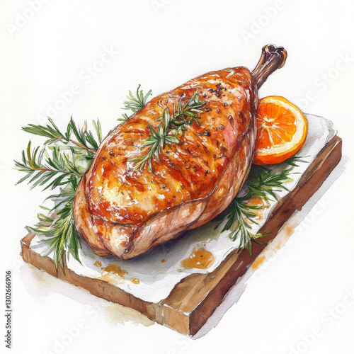 Delicious roasted meat with herbs and orange slice on wooden board
