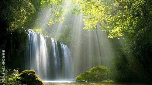 Waterfall cascading through lush greenery.