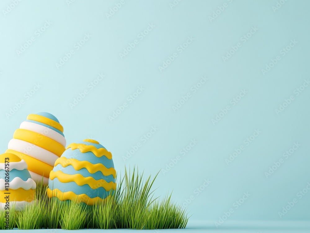 Obraz premium Close up of decorative Easter eggs in yellow and orange hues placed on fresh green grass with soft blurred natural background and seasonal festivity