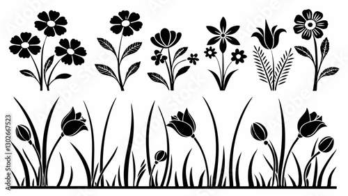 Wallpaper Mural Black and White Flower Silhouettes Vector: Floral Design Elements, Botanical Illustration, Garden Flowers, Nature Graphics, Plant Clip Art Torontodigital.ca