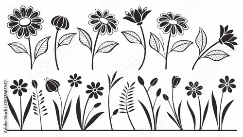 Wallpaper Mural Black and White Flower Vector Art: Floral Meadow Illustration, Botanical Garden Design, Nature Inspired Graphic, Simple Flower Silhouettes Torontodigital.ca