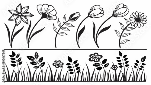Wallpaper Mural Black and White Flower Vector Illustration: Floral Border Design with Botanical Elements, Line Art Flowers and Grass for Graphic Design Torontodigital.ca