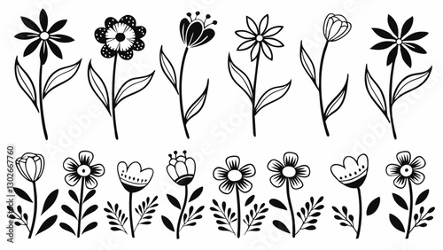 Wallpaper Mural Black and White Flower Vector Set: Hand-Drawn Floral Illustrations, Botanical Line Art, Simple Flower Designs for Graphic Design and Crafts Torontodigital.ca