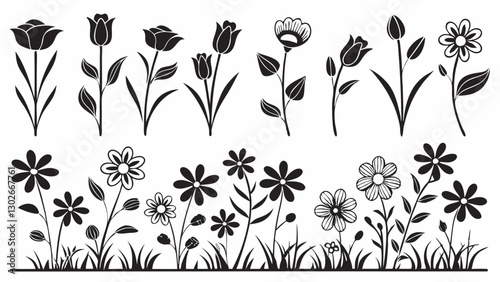 Wallpaper Mural Black and White Flower Silhouettes: Vector Floral Designs, Botanical Elements, Garden Illustration, Nature Clip Art, Flower Graphics Torontodigital.ca