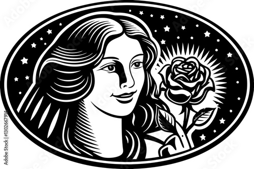 Wallpaper Mural Elegant Woman with Rose Black and White Vector Illustration - Vintage Style Portrait for Graphic Design and Beauty Themes Torontodigital.ca