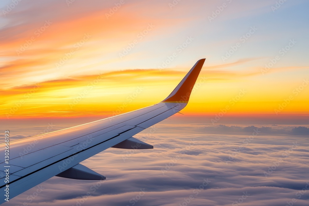 Airplane wing slicing through a colorful sunset sky from a window seat perspective symbolizing aviation adventure and breathtaking aerial views Airplane wing slicing through a colorful sunset sky from a window seat perspective symbolizing aviation adventure and breathtaking aerial views