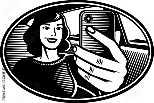 Wallpaper Mural Woman Taking Selfie in Car Illustration: Vintage Style Graphic of Driver Using Smartphone, Distracted Driving Concept Torontodigital.ca