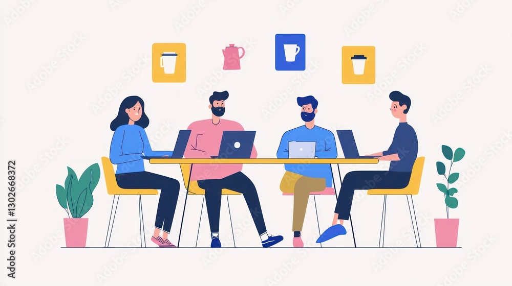 A flat graphic depicting a team of coworkers with icons of laptops and coffee mugs around them. A flat graphic depicting a team of coworkers with icons of laptops and coffee mugs around them.