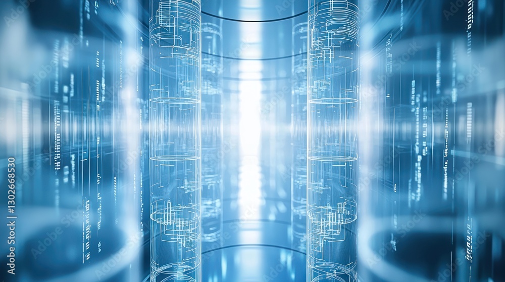 Fototapeta premium Futuristic Data Center with Glowing Cylinders and Digital Effects
