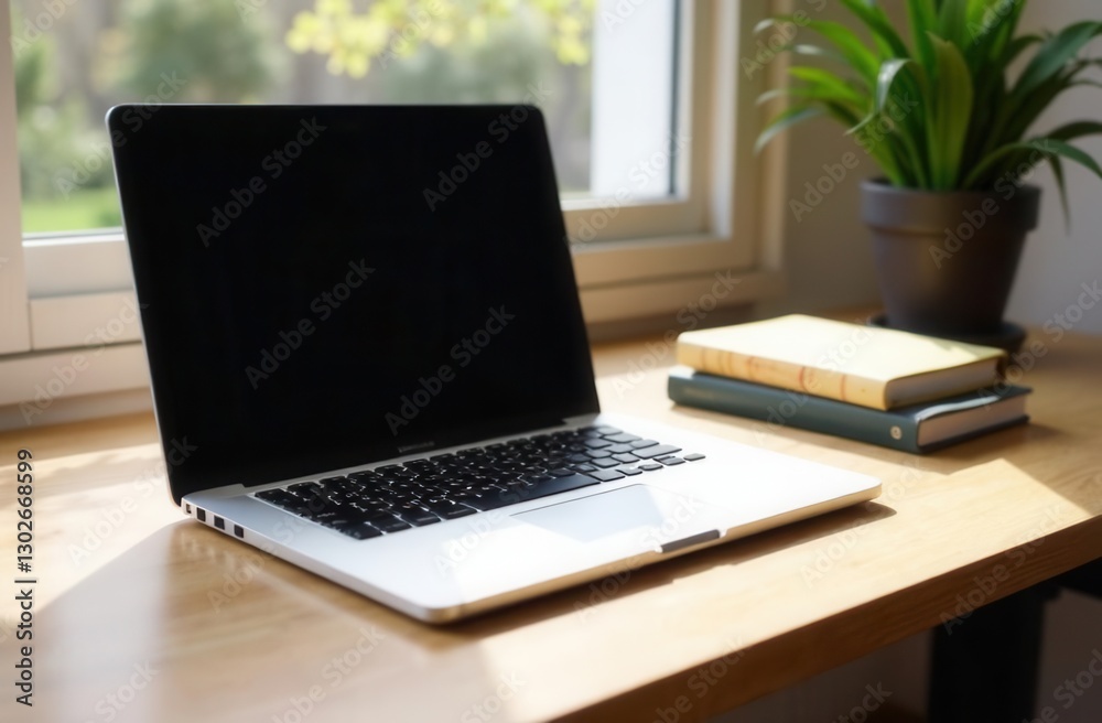 Open laptop on desk next to books and plant by sunny window Open laptop on desk next to books and plant by sunny window
