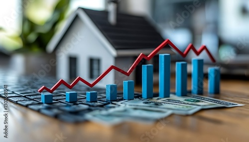 Rising home values, increasing graph, dollars, desk
