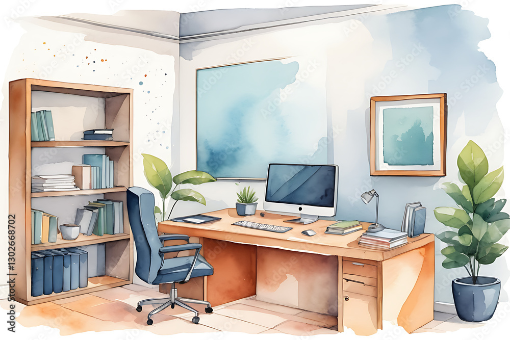 Fototapeta premium Watercolor Home Office Setup with Desk, Computer and Bookshelf Illustration